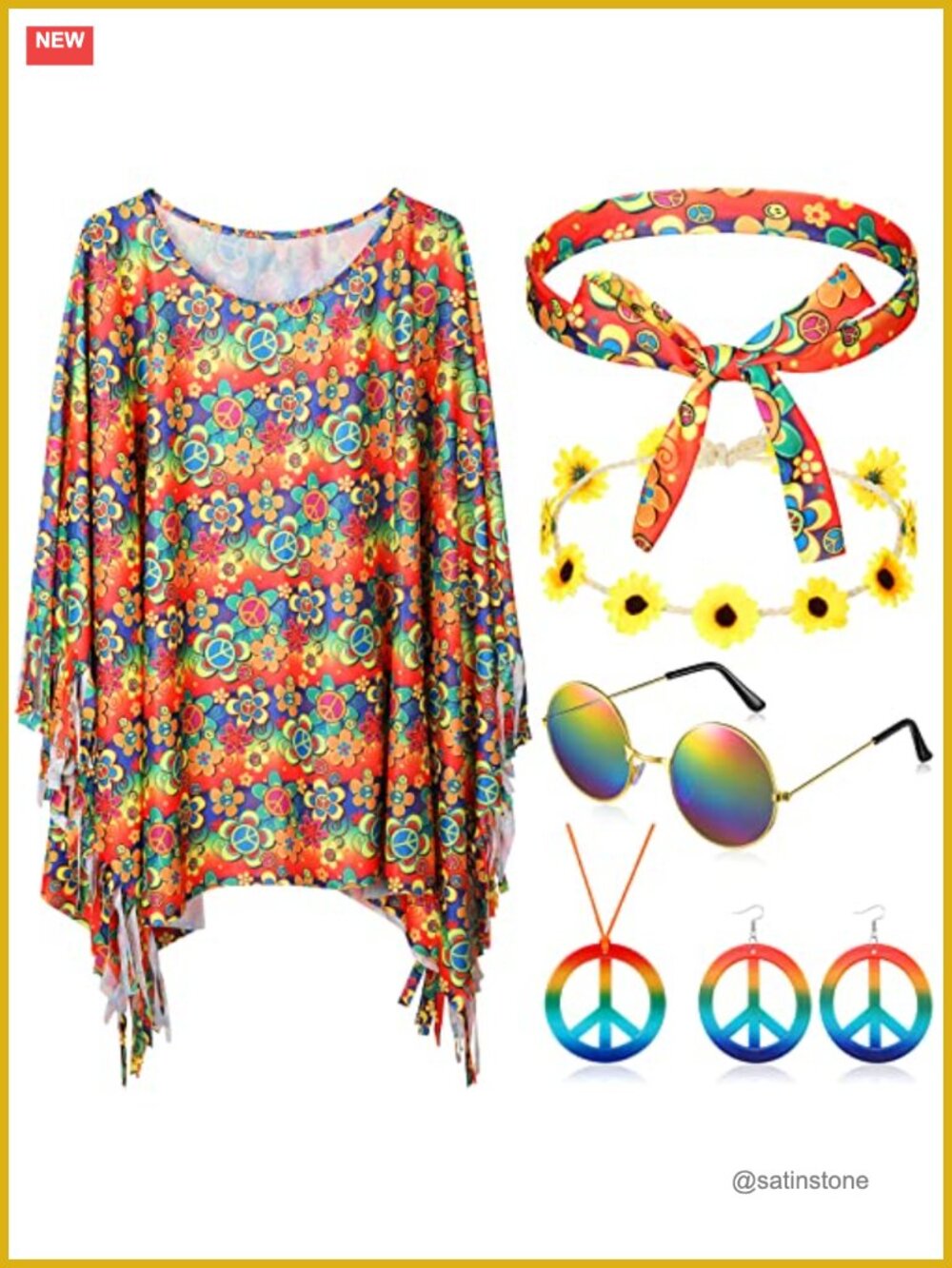 Hicarer 6 Pc Hippie Costume Set Polyester Cape Headbands Jewelry Sunglasses